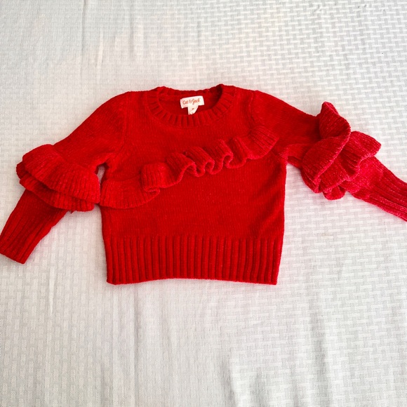 Cat & Jack Other - Cat & Jack Girls 3T Red Chenille Ruffle Sleeve Sweater Valentine Cozy Pullover